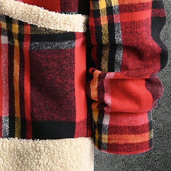 Red Casual Mens Plaid Print Borg Collar Teddy Lined Overcoat - Picture 5 of 5